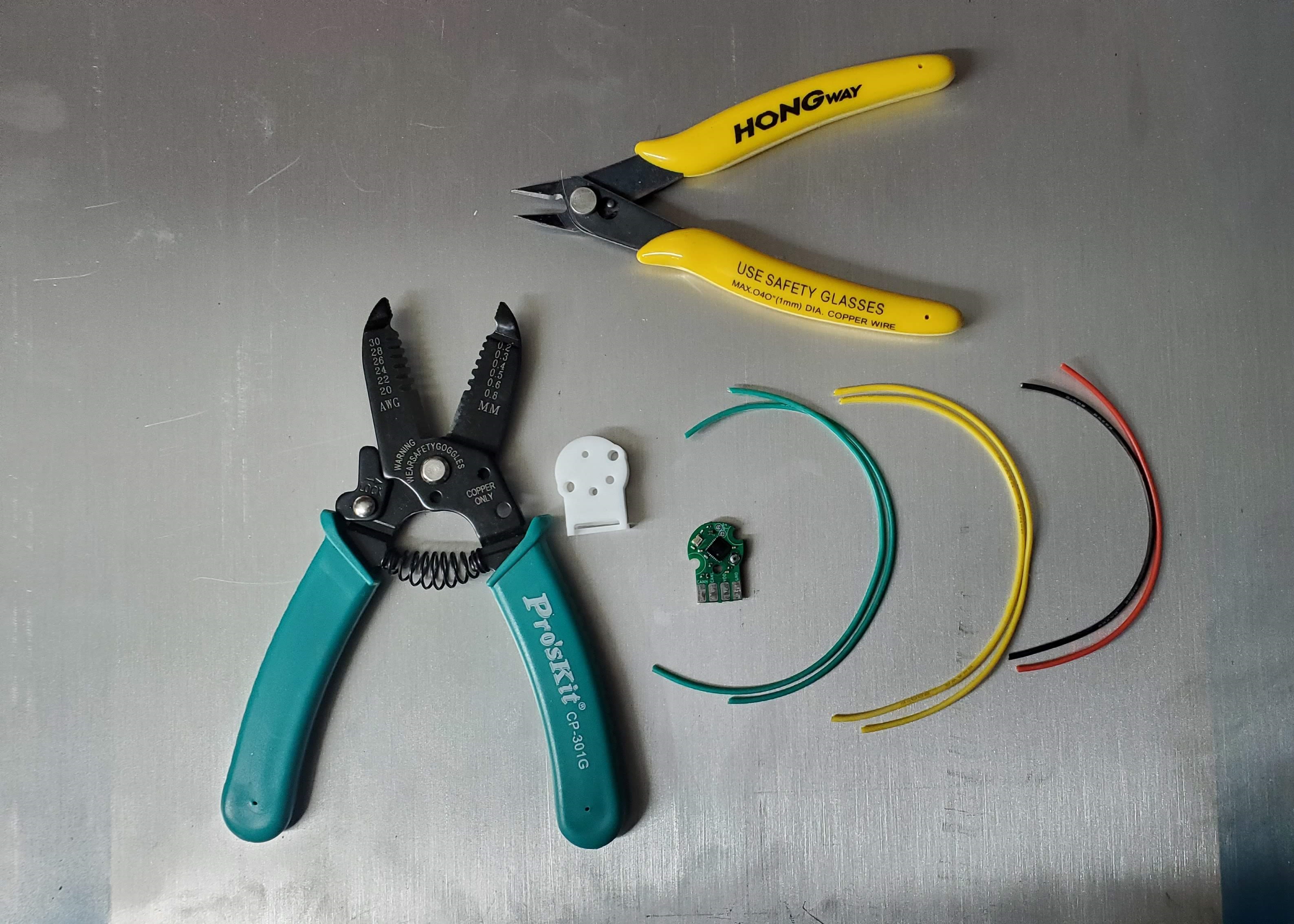 Wires, Canandcoder, wire stripper, and flush cutters