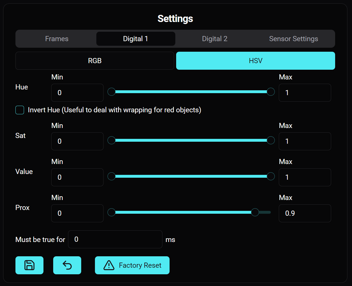 The setting card for the Canandcolor, in the Digital 1 tab