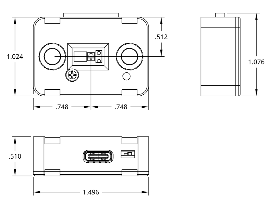 The mechanical drawing of the Canandcolor, showing three views.